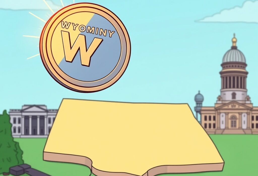 Cartoon illustration depicting the innovative partnership between Wyoming and Hedera for the new Wyoming Hedera stablecoin, symbolizing digital finance and state adoption.