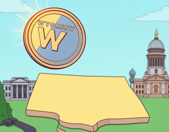 Cartoon illustration depicting the innovative partnership between Wyoming and Hedera for the new Wyoming Hedera stablecoin, symbolizing digital finance and state adoption.