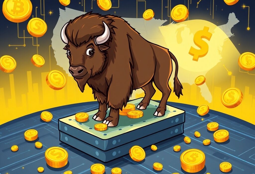 A cartoon bison on a blockchain platform, symbolizing Wyoming's pioneering launch of its state-issued stablecoin, FRNT.