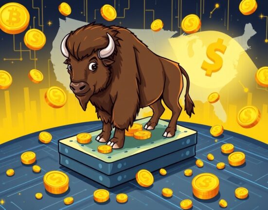 A cartoon bison on a blockchain platform, symbolizing Wyoming's pioneering launch of its state-issued stablecoin, FRNT.