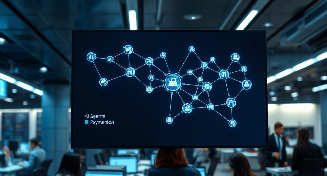 Digital screen showing AI agent payment network diagram in modern office