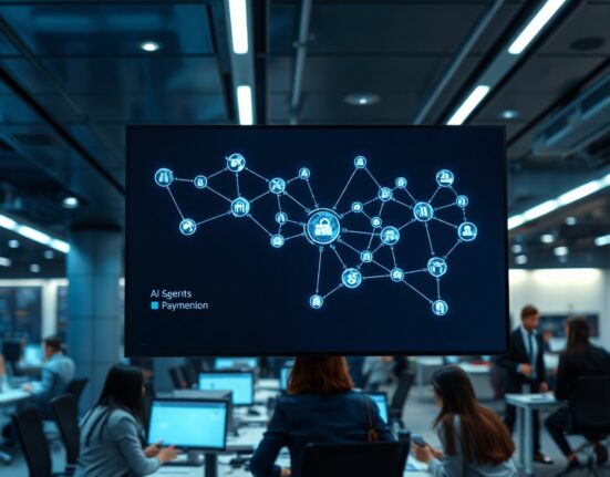 Digital screen showing AI agent payment network diagram in modern office