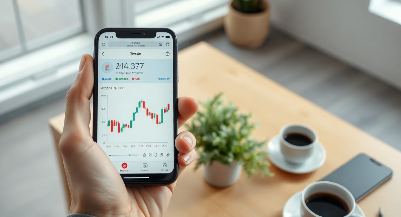 Smartphone displaying X app with Big Charts feature showing Bitcoin and stock price charts in the timeline.