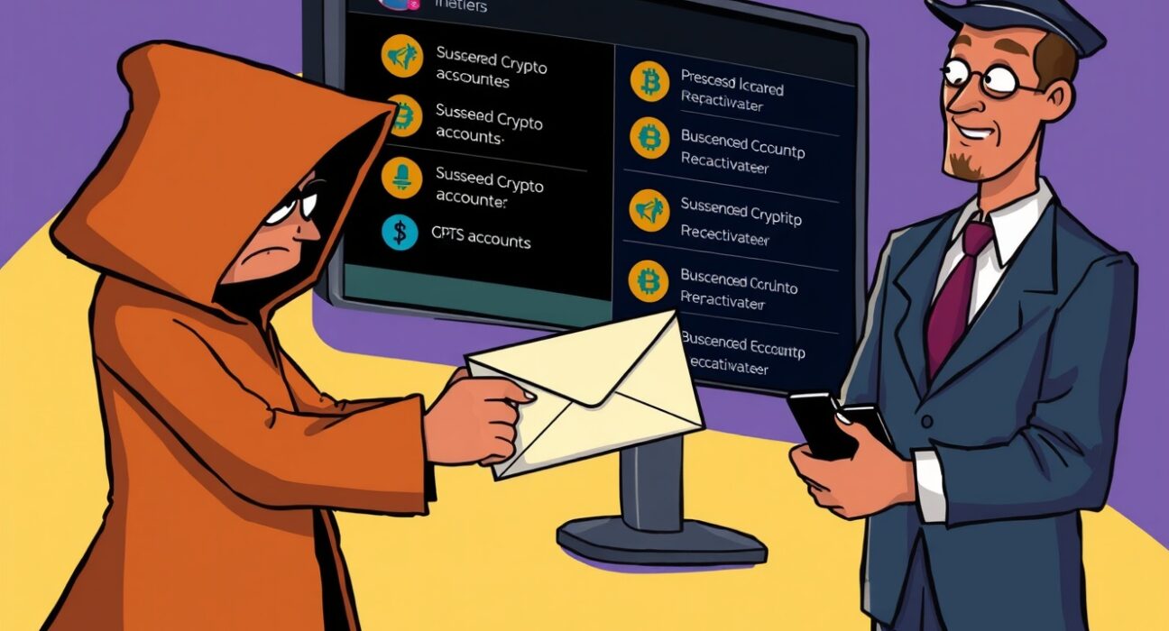A cartoon depicting a bribery scheme to reinstate X crypto accounts, highlighting the scandal's impact on trust and digital integrity.