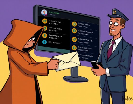 A cartoon depicting a bribery scheme to reinstate X crypto accounts, highlighting the scandal's impact on trust and digital integrity.