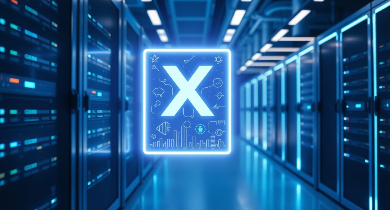 A modern server room with a glowing digital interface showing the X logo and AI icons, representing X's new MCP server for AI tool integration.