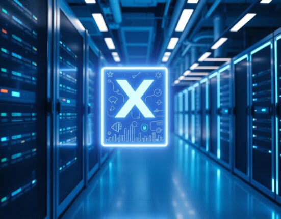 A modern server room with a glowing digital interface showing the X logo and AI icons, representing X's new MCP server for AI tool integration.