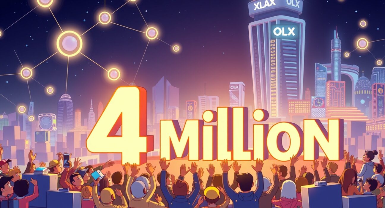 Cartoon illustration showing the remarkable growth of the X Layer blockchain, with wallets celebrating 4 million addresses.