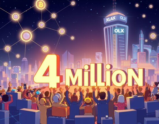 Cartoon illustration showing the remarkable growth of the X Layer blockchain, with wallets celebrating 4 million addresses.
