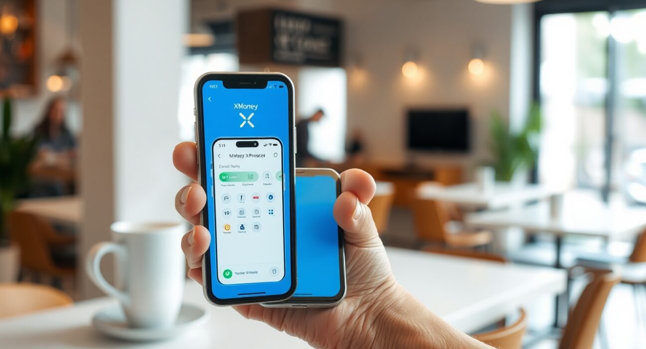 Smartphone displaying X Money app interface on a table in a coffee shop