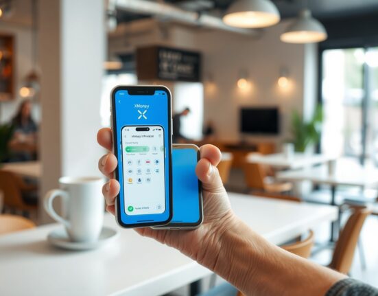 Smartphone displaying X Money app interface on a table in a coffee shop