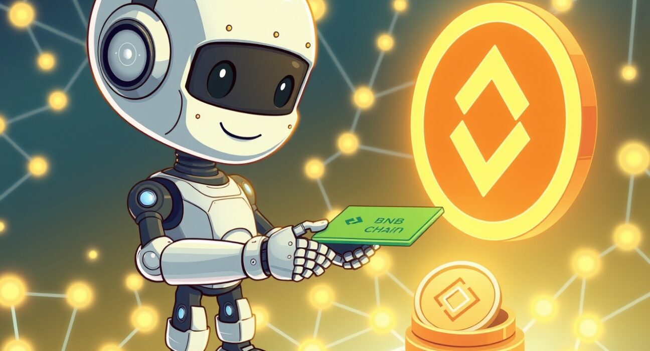 Cartoon illustration of an AI agent effortlessly processing a payment on the BNB Chain, highlighting the simplicity of x402 BNB.