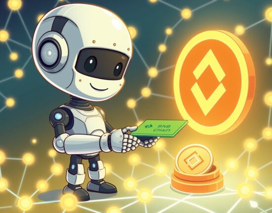 Cartoon illustration of an AI agent effortlessly processing a payment on the BNB Chain, highlighting the simplicity of x402 BNB.