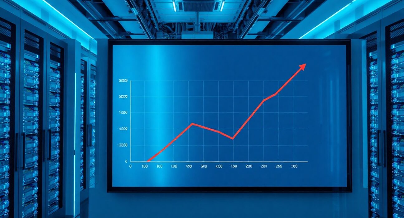 Data center with digital display showing declining x402 payment volume chart