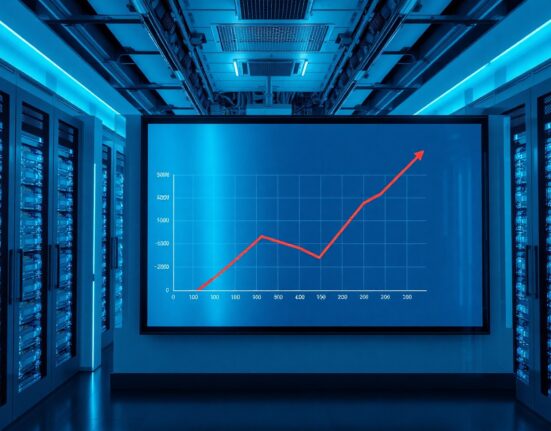 Data center with digital display showing declining x402 payment volume chart