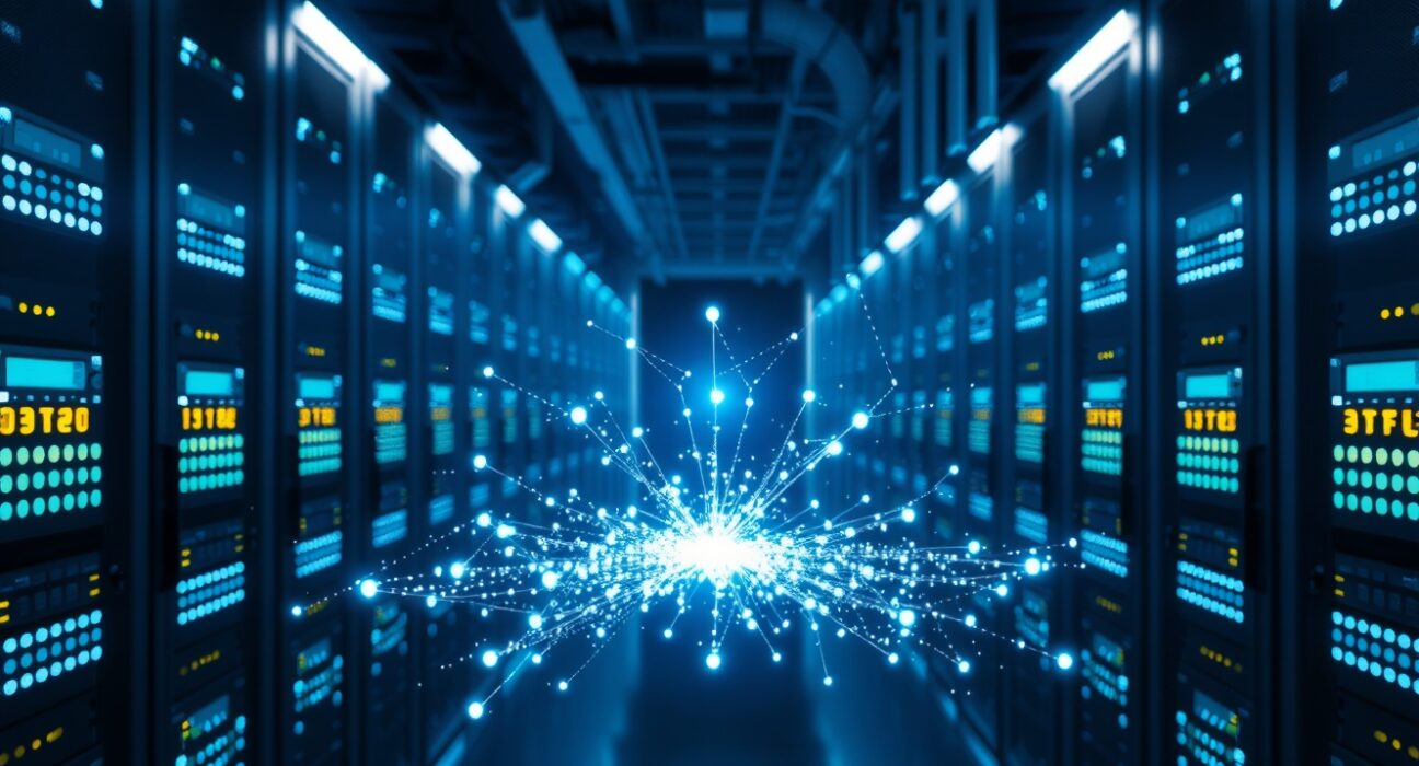 Modern server room with digital overlay showing micropayments converging into a single node, representing batch settlement.