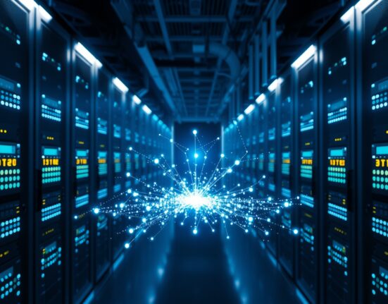 Modern server room with digital overlay showing micropayments converging into a single node, representing batch settlement.