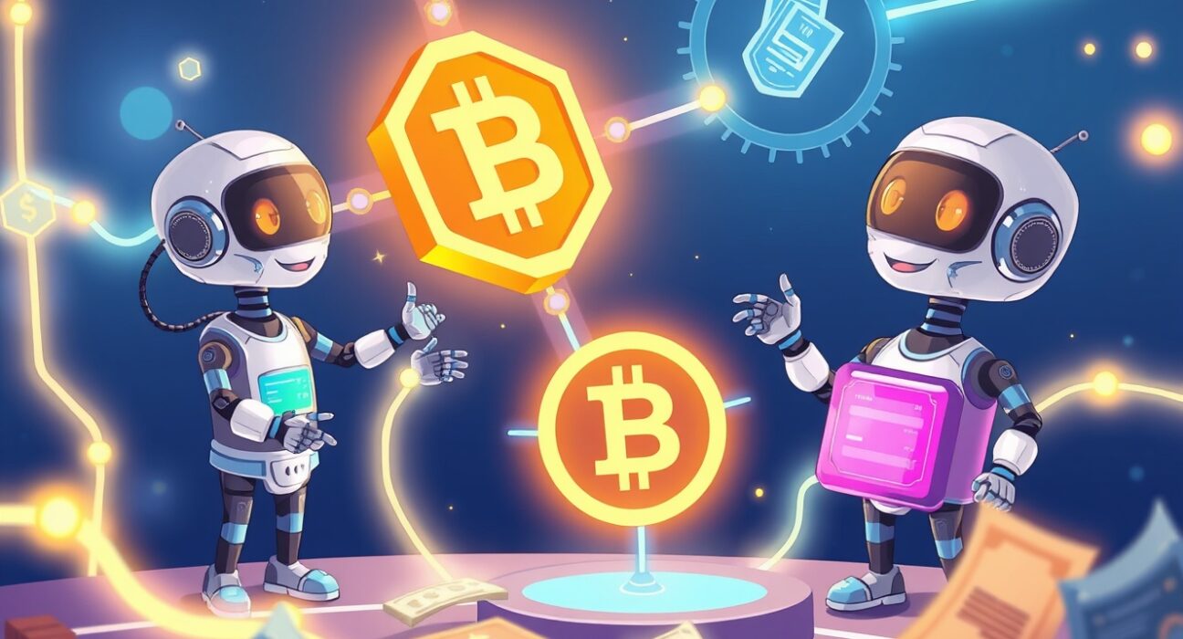 A cartoon illustration showing AI agents using the x402b protocol for secure, compliant enterprise payments on BNB Chain.