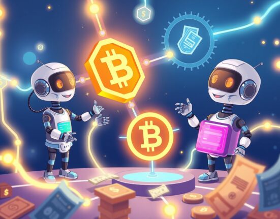 A cartoon illustration showing AI agents using the x402b protocol for secure, compliant enterprise payments on BNB Chain.