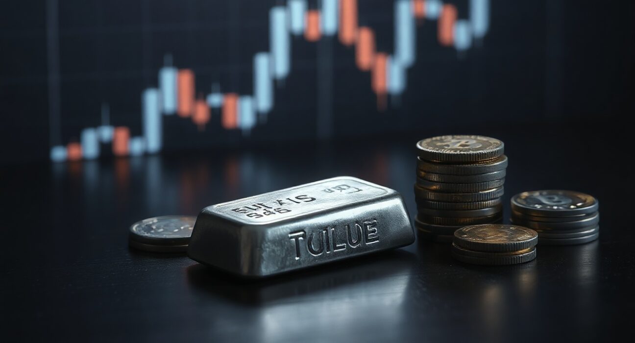 Silver bars and coins on a dark surface with a faint candlestick chart overlay representing XAG/USD price analysis.
