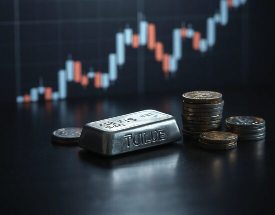 Silver bars and coins on a dark surface with a faint candlestick chart overlay representing XAG/USD price analysis.