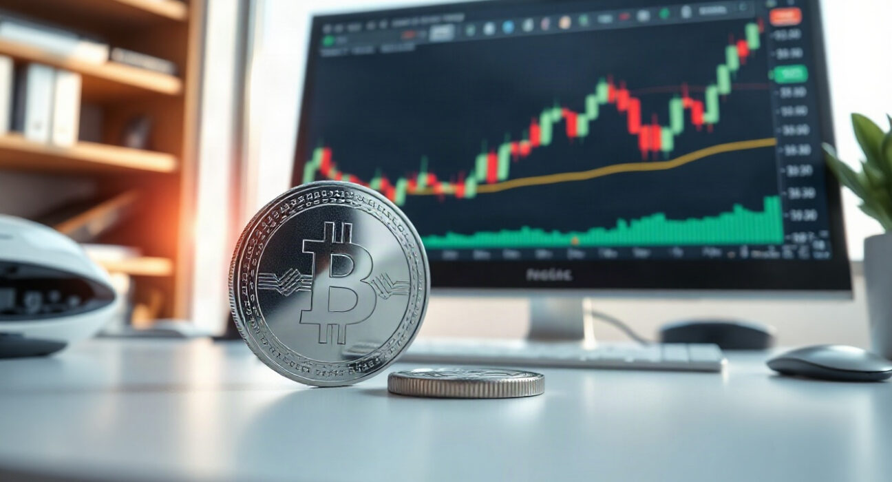 Silver coin and trading chart on a monitor in a modern office, representing XAG/USD price action