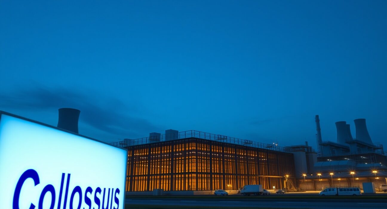 Exterior view of xAI's Colossus 1 data center at dusk, showing the scale of the facility.