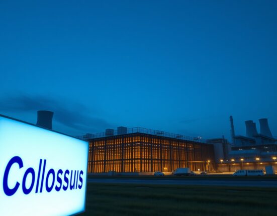 Exterior view of xAI's Colossus 1 data center at dusk, showing the scale of the facility.