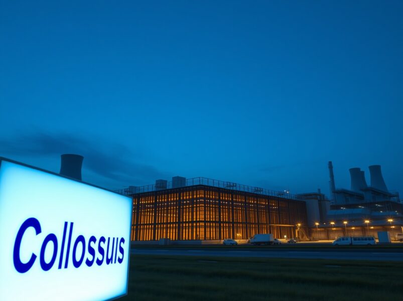 Exterior view of xAI's Colossus 1 data center at dusk, showing the scale of the facility.