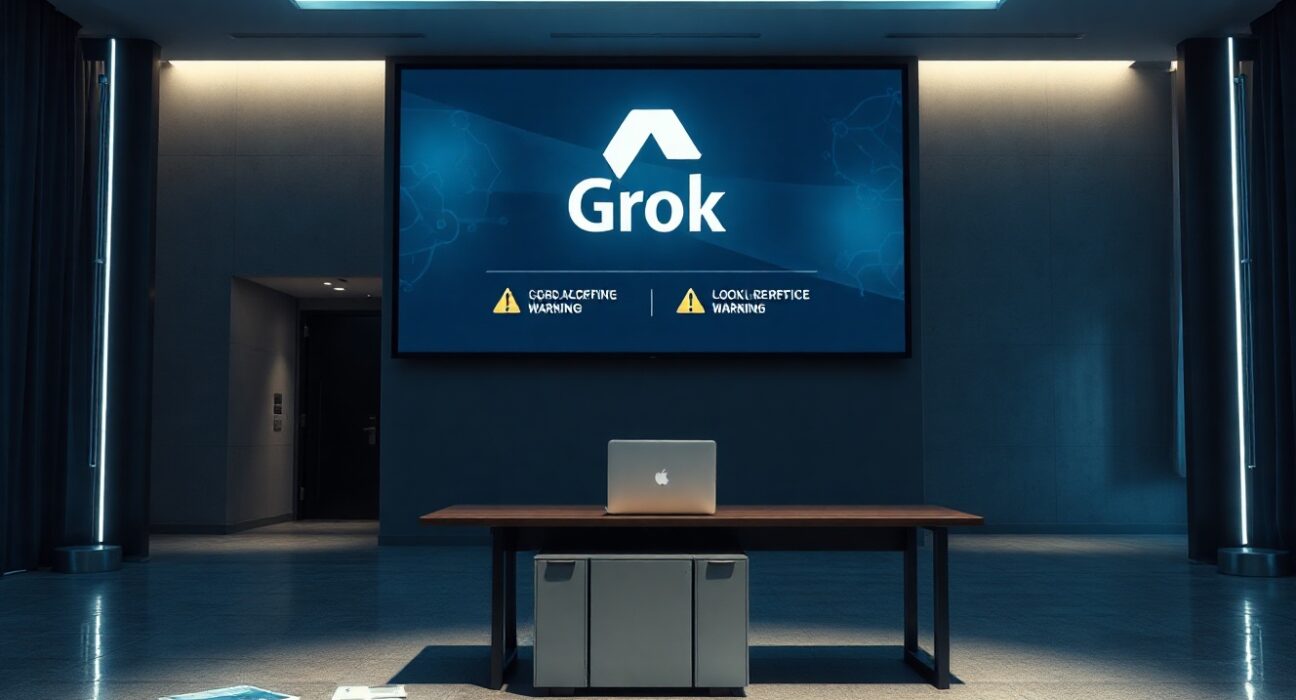 Empty desk with laptop and Grok AI warning symbols on screen in corporate lobby