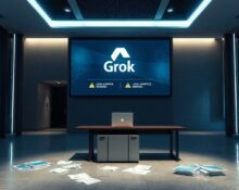 Empty desk with laptop and Grok AI warning symbols on screen in corporate lobby