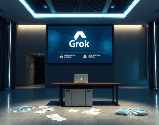 Empty desk with laptop and Grok AI warning symbols on screen in corporate lobby