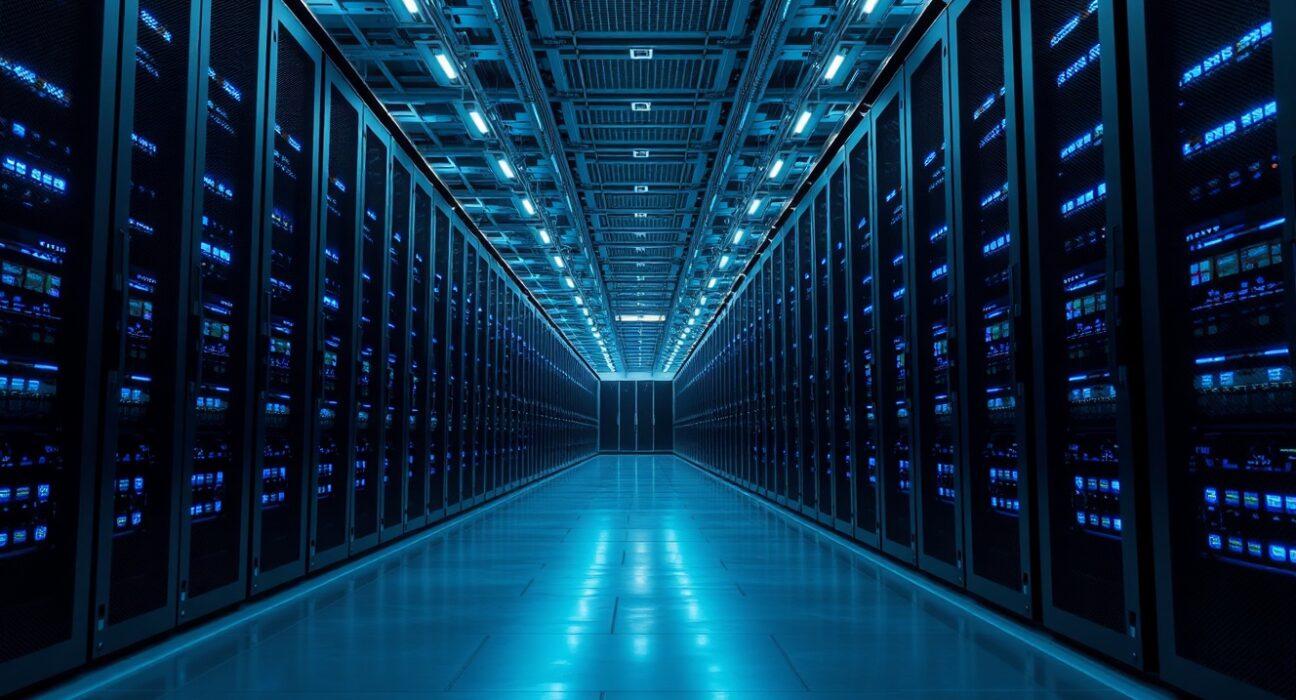 Interior of a large AI data center with rows of servers and blue lighting, representing xAI's Colossus compute infrastructure.