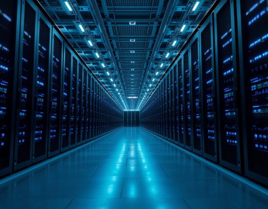 Interior of a large AI data center with rows of servers and blue lighting, representing xAI's Colossus compute infrastructure.