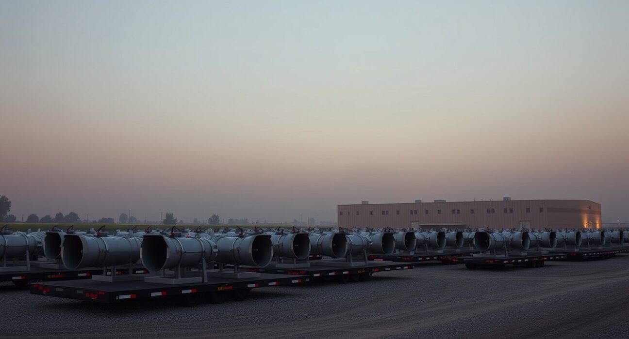 Aerial view of natural gas turbines on trailers at an xAI data center in Mississippi, with hazy sky.