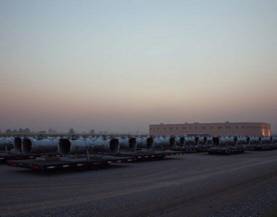 Aerial view of natural gas turbines on trailers at an xAI data center in Mississippi, with hazy sky.
