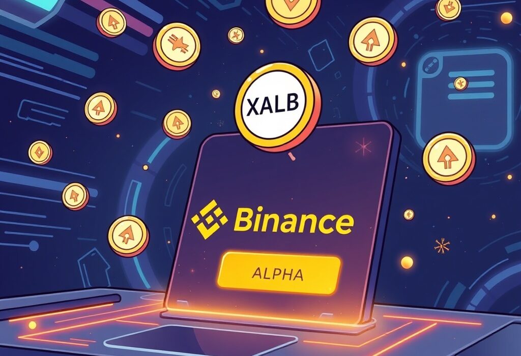 Cartoon depicting the XALB listing on Binance Alpha, symbolizing new opportunities for early-stage crypto token trading.