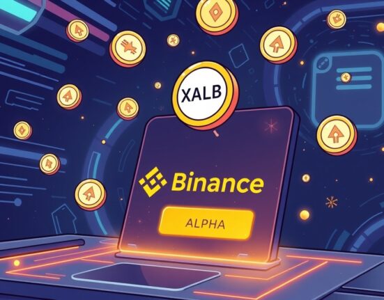 Cartoon depicting the XALB listing on Binance Alpha, symbolizing new opportunities for early-stage crypto token trading.