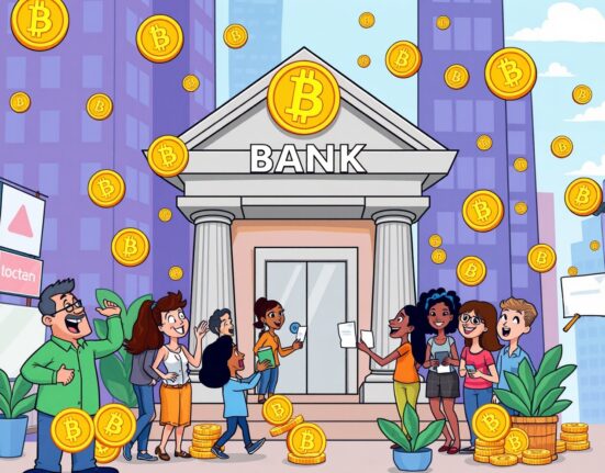 Bitcoin lending services expanding to retail customers through friendly banking illustration