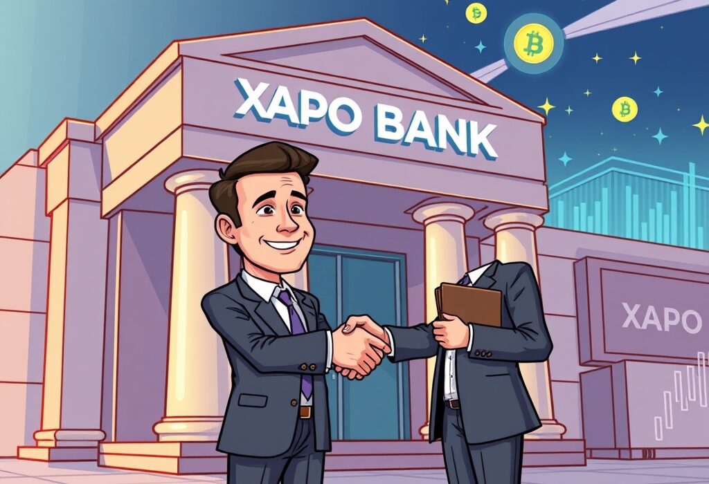 Cartoon showing a new Xapo Bank executive hire joining a secure digital bank, symbolizing growth and strategic leadership in crypto.