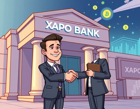 Cartoon showing a new Xapo Bank executive hire joining a secure digital bank, symbolizing growth and strategic leadership in crypto.