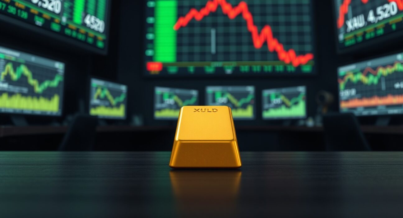 Gold bar on trading floor with XAU/USD chart showing price drop below 4,550 after Fed's divided hold decision.