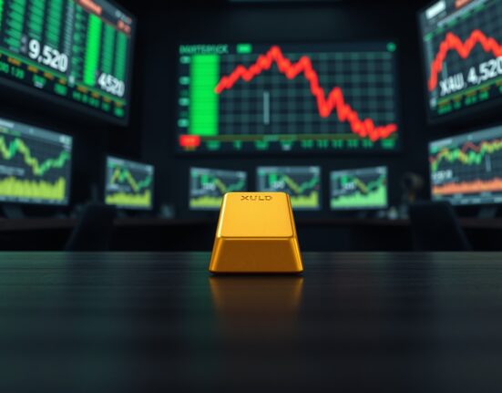 Gold bar on trading floor with XAU/USD chart showing price drop below 4,550 after Fed's divided hold decision.