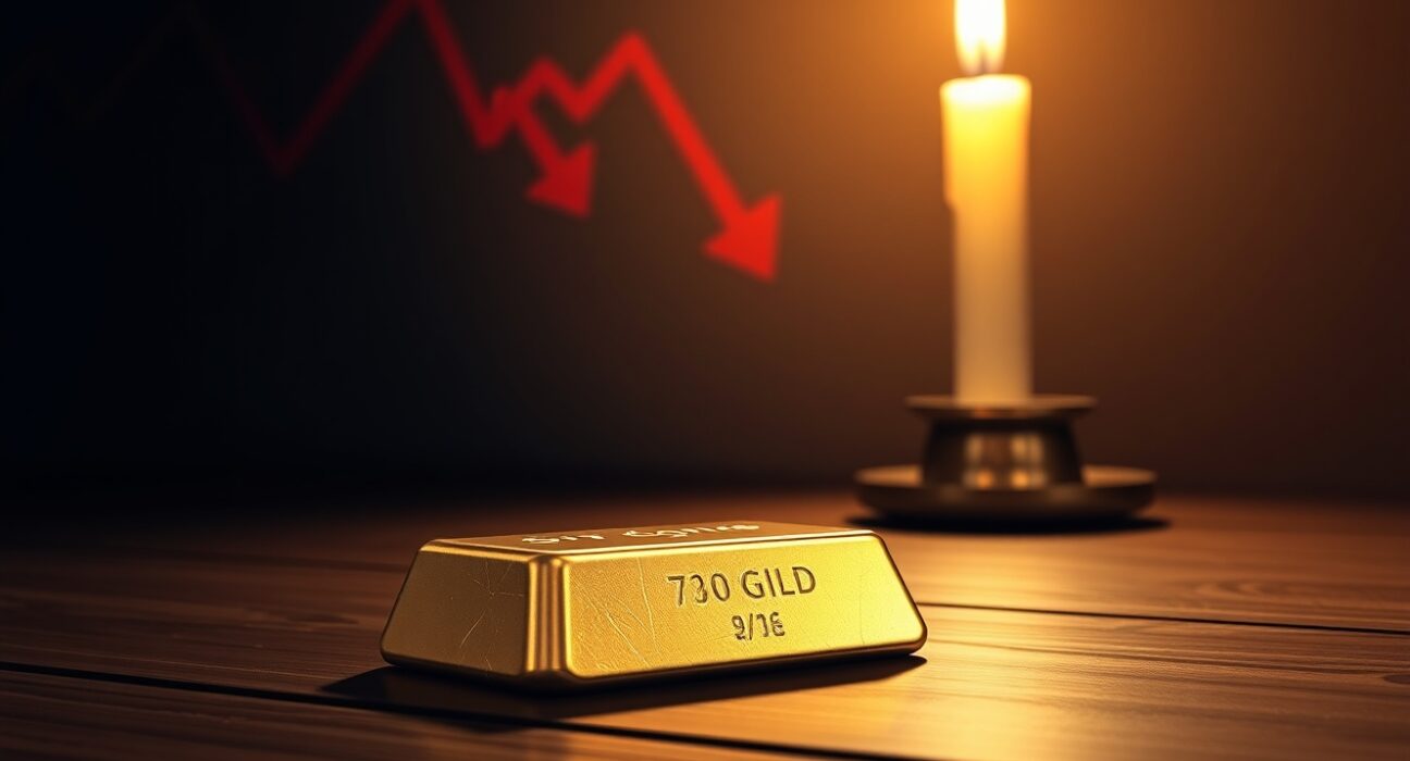 Gold bar with declining financial chart in background illustrating XAU/USD price drop after Powell bounce fades