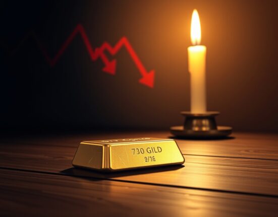Gold bar with declining financial chart in background illustrating XAU/USD price drop after Powell bounce fades