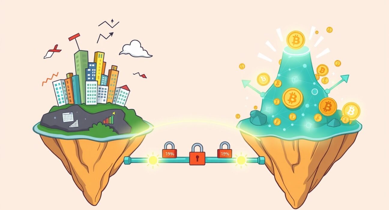 A vibrant cartoon illustration of a secure bridge connecting blockchain ecosystems for trading tokenized stocks.