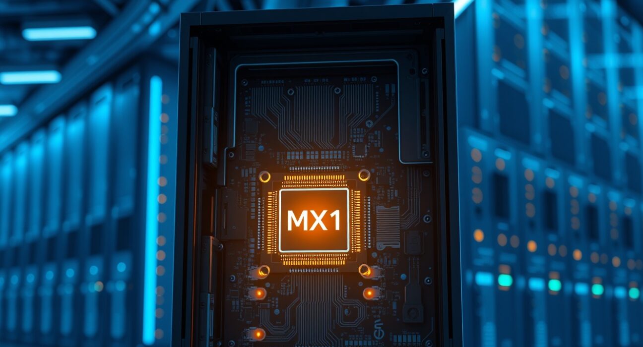 Close-up of XCENA's MX1 prototype chip connected to DRAM modules inside a data center server