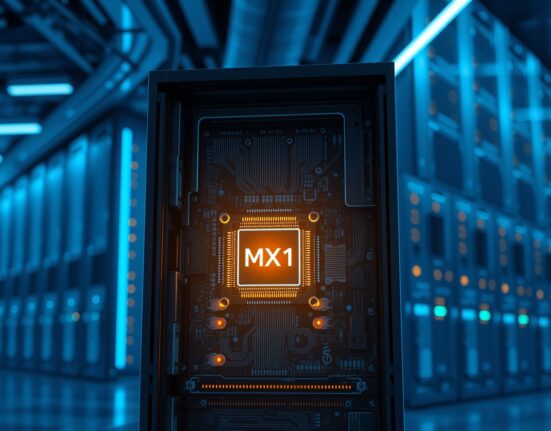 Close-up of XCENA's MX1 prototype chip connected to DRAM modules inside a data center server