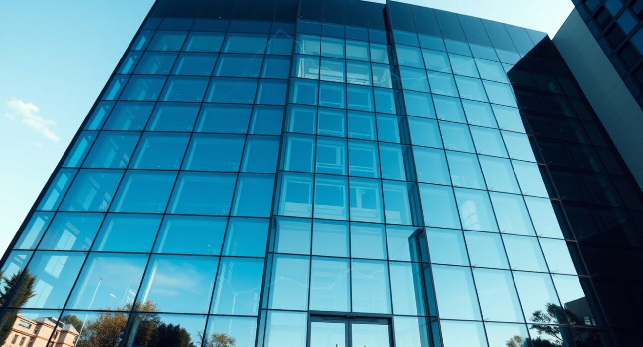 Modern glass office building with digital blockchain overlays representing tokenized real-world assets on XDC Network.