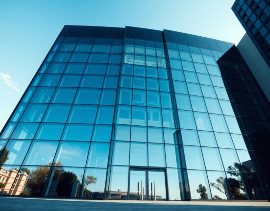 Modern glass office building with digital blockchain overlays representing tokenized real-world assets on XDC Network.